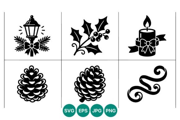 Christmas Candle Pinecone Holly Icons Illustrations