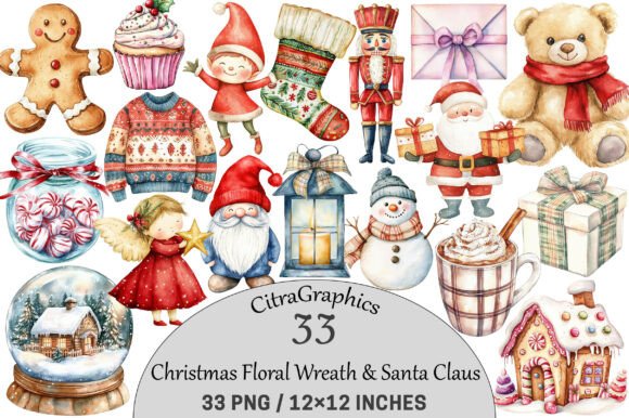 Christmas Floral Wreath Santa Claus Illustrations Review