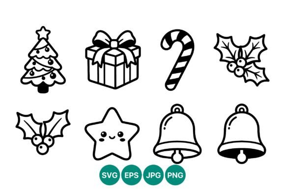 Christmas Icons Black and White Line Art Illustrations Review