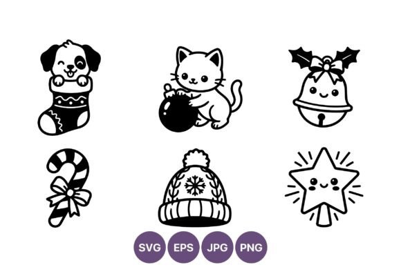 Cute Black and White Christmas Icons Set for Illustrations
