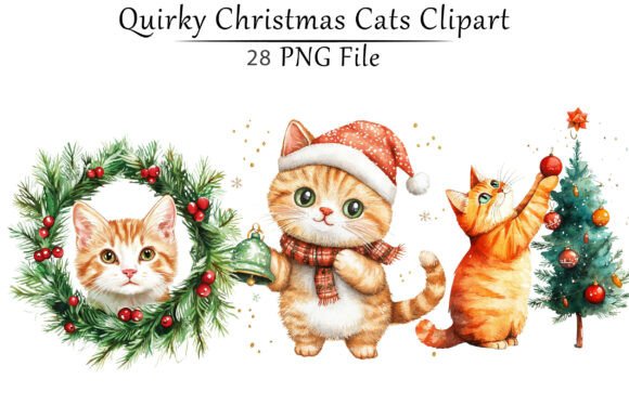 Quirky Christmas Cats Clipart for Festive Illustrations