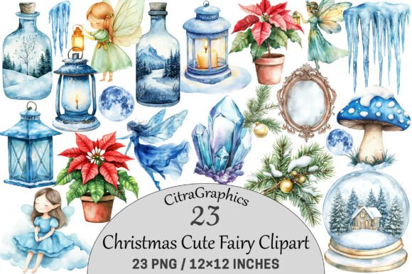 Watercolor Christmas Cute Fairy Clipart for Illustrations
